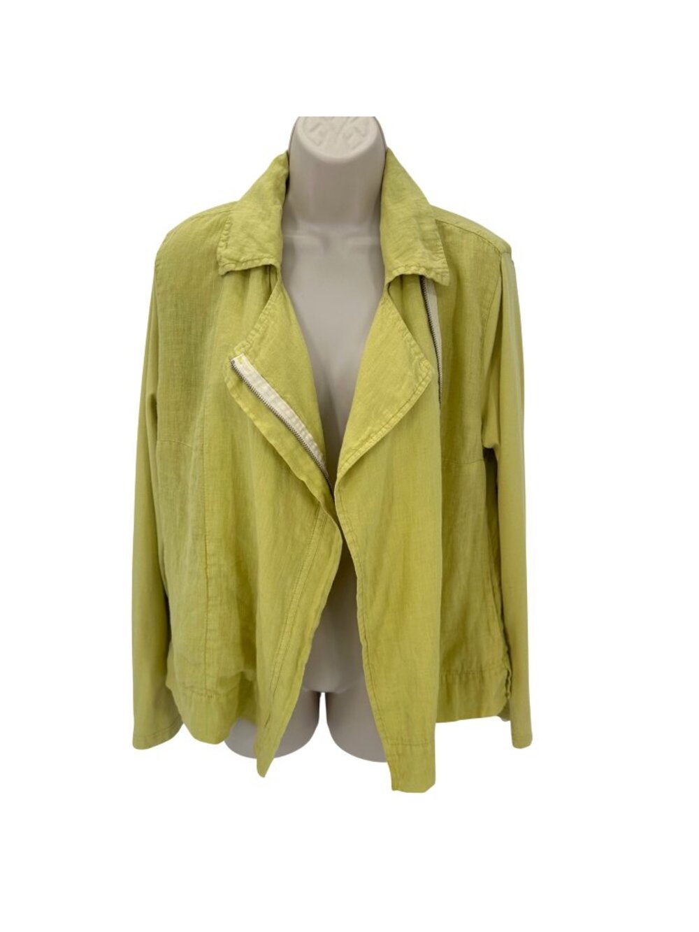 NWOT Flax Womens 100% Linen Moto Lime Green  Asymm. Zip Lightweight Jacket S